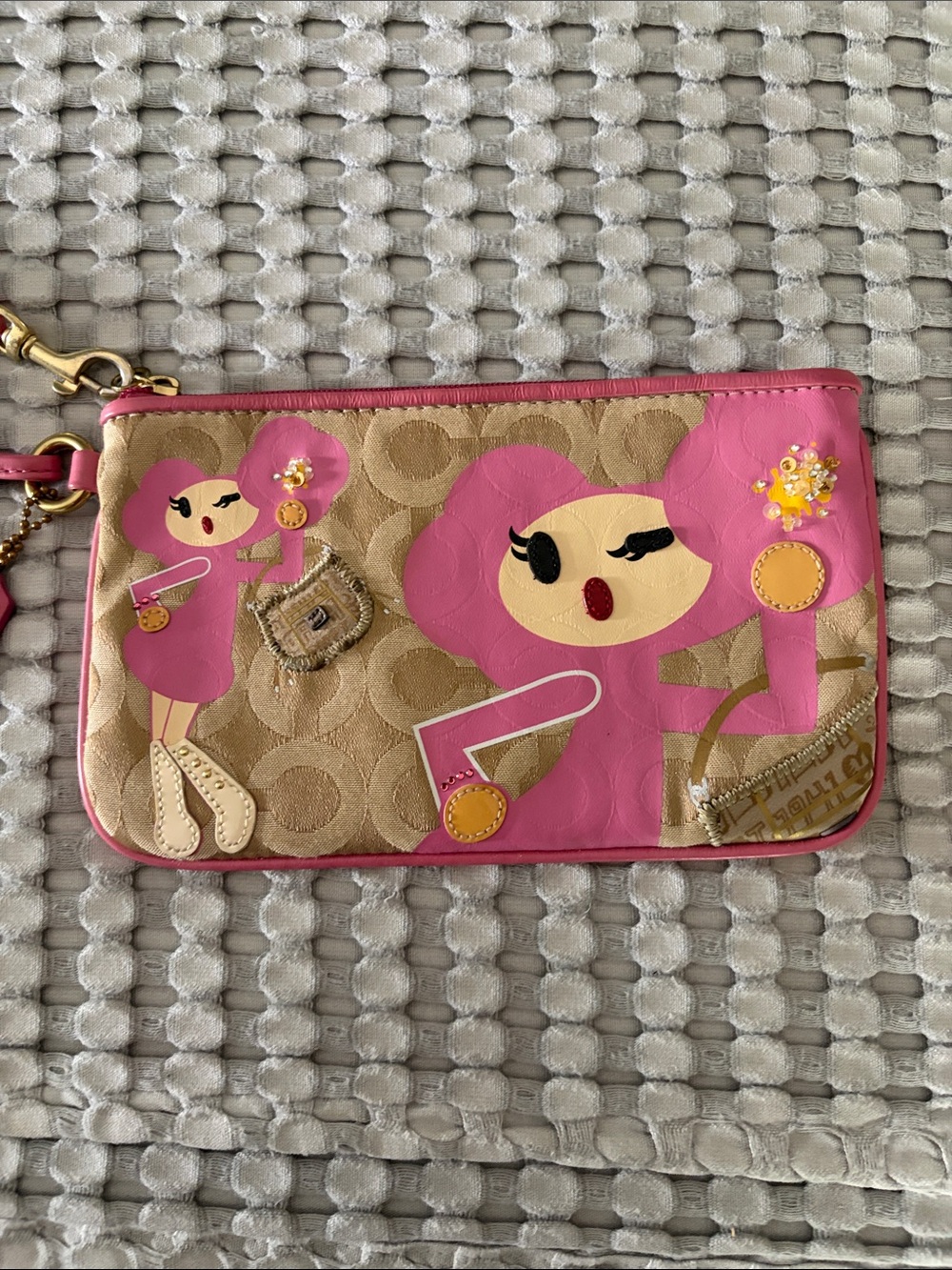 Coach Pink Character Signature Canvas Wristlet with Gold Accents